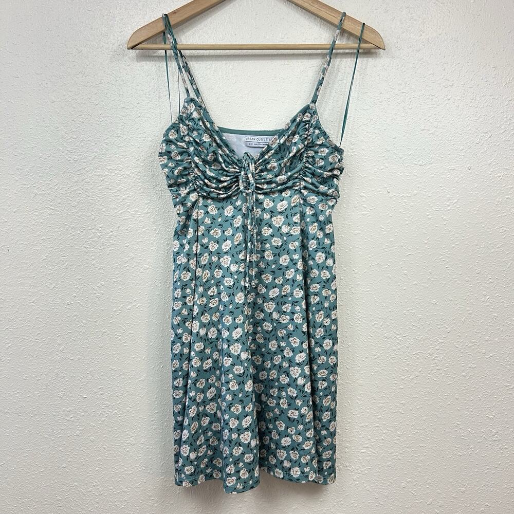 Urban Outfitters Dress Dasha Floral Skater Sz M Y2K 90's Ruched Tie Front Green